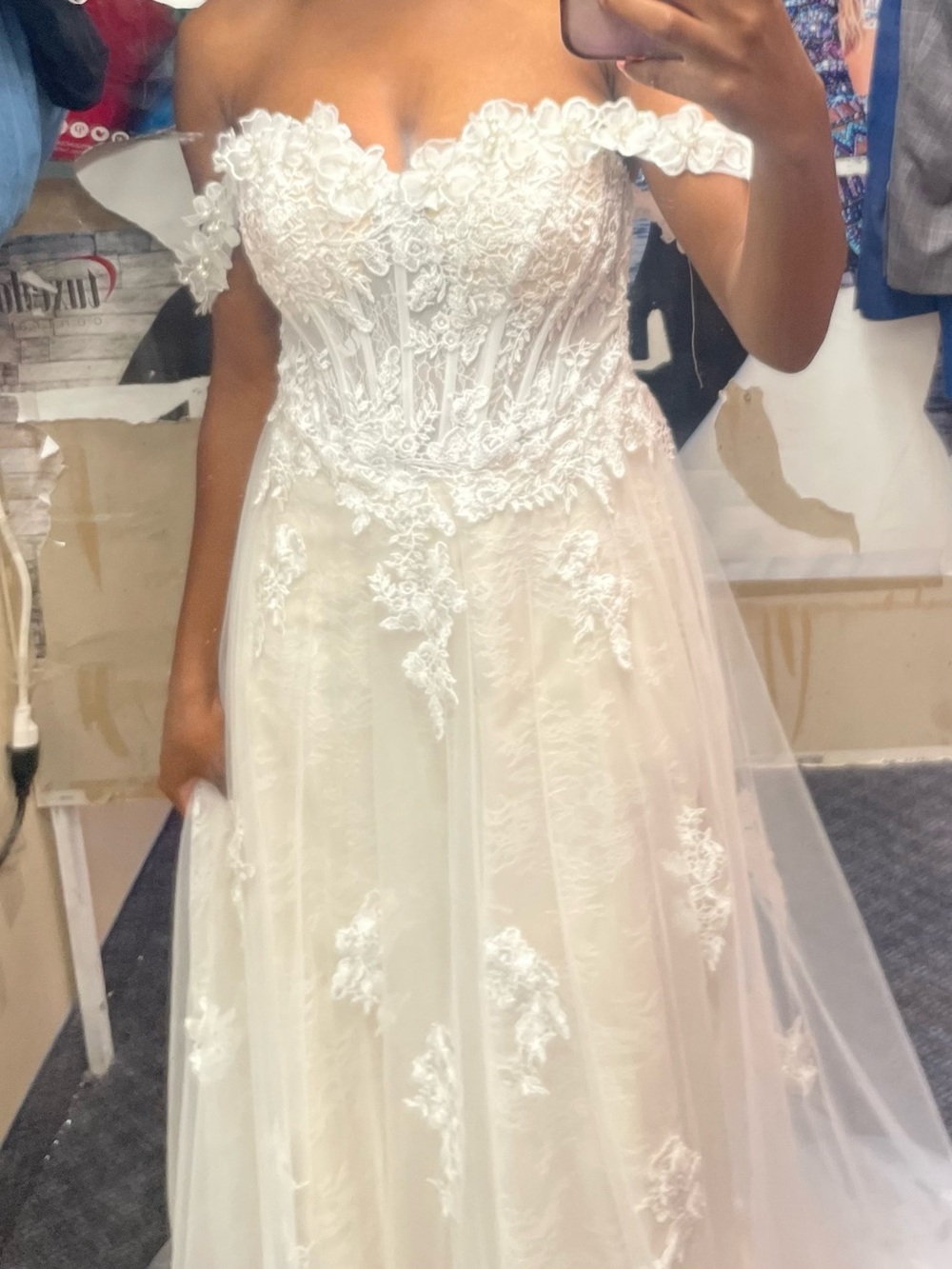 New Never Worn Elegant Off-Shoulder Ivory and ChampagneLace A-Line Wedding Dress